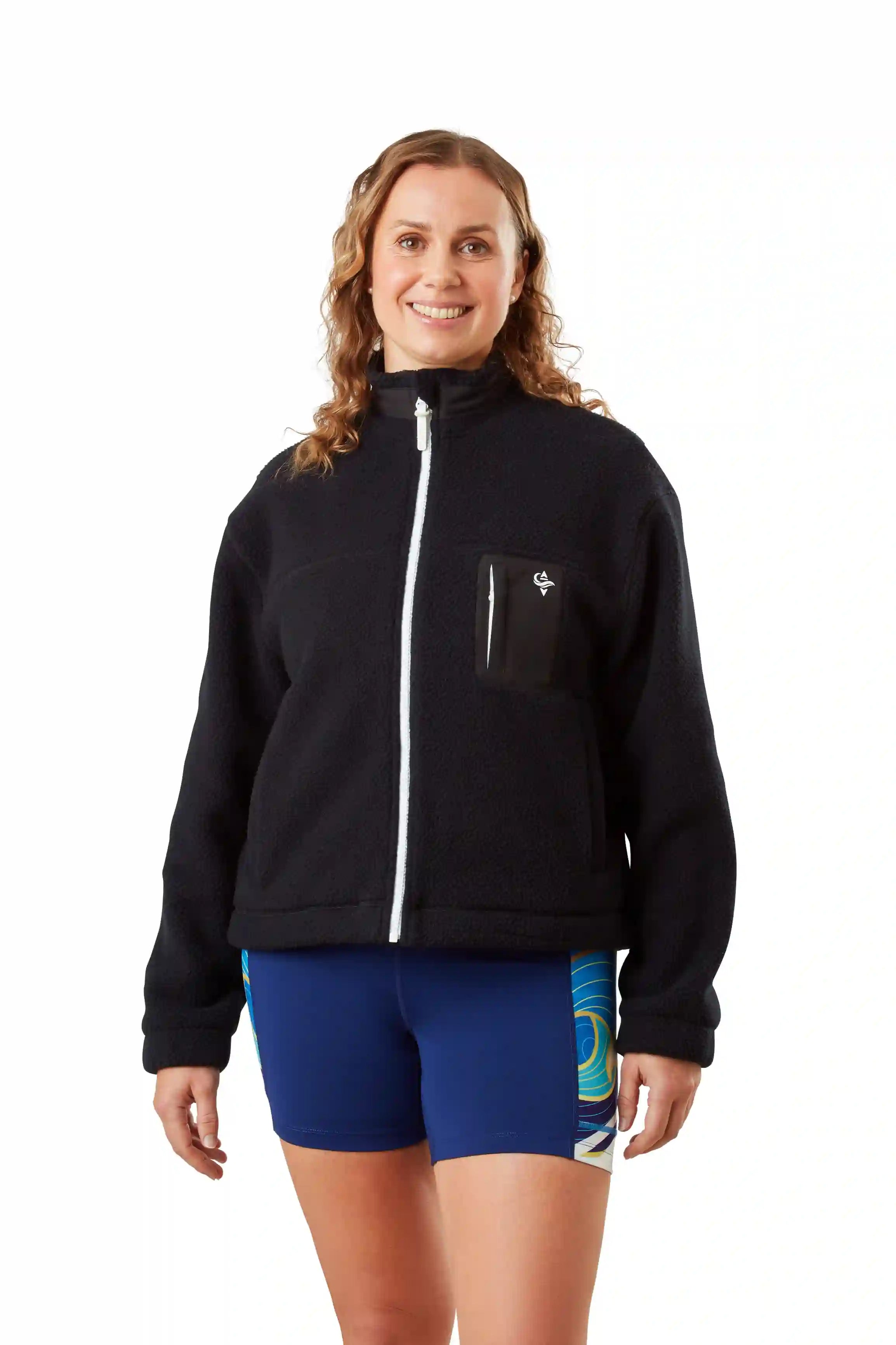 Black recycled sherpa fleece jacket with contrast panels for women's rowing, active, leisure and coastal wear