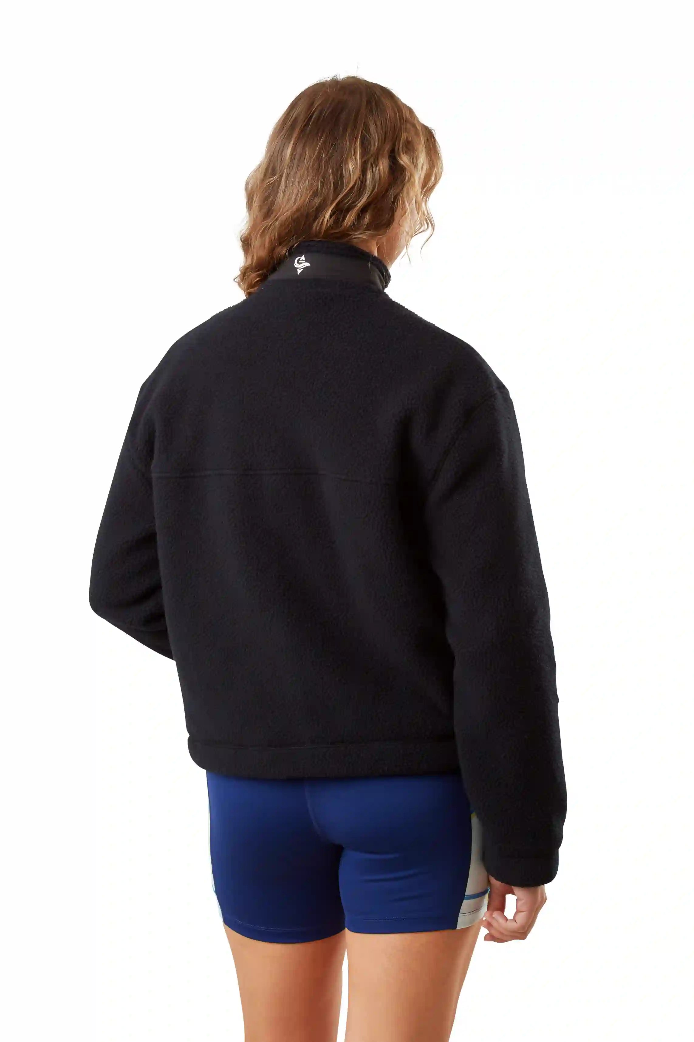 Black recycled sherpa fleece jacket with contrast panels for women's rowing, active, leisure and coastal wear