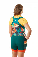 Tropical print women's coastal rowing all-in-one with recycled fabric and mesh panels