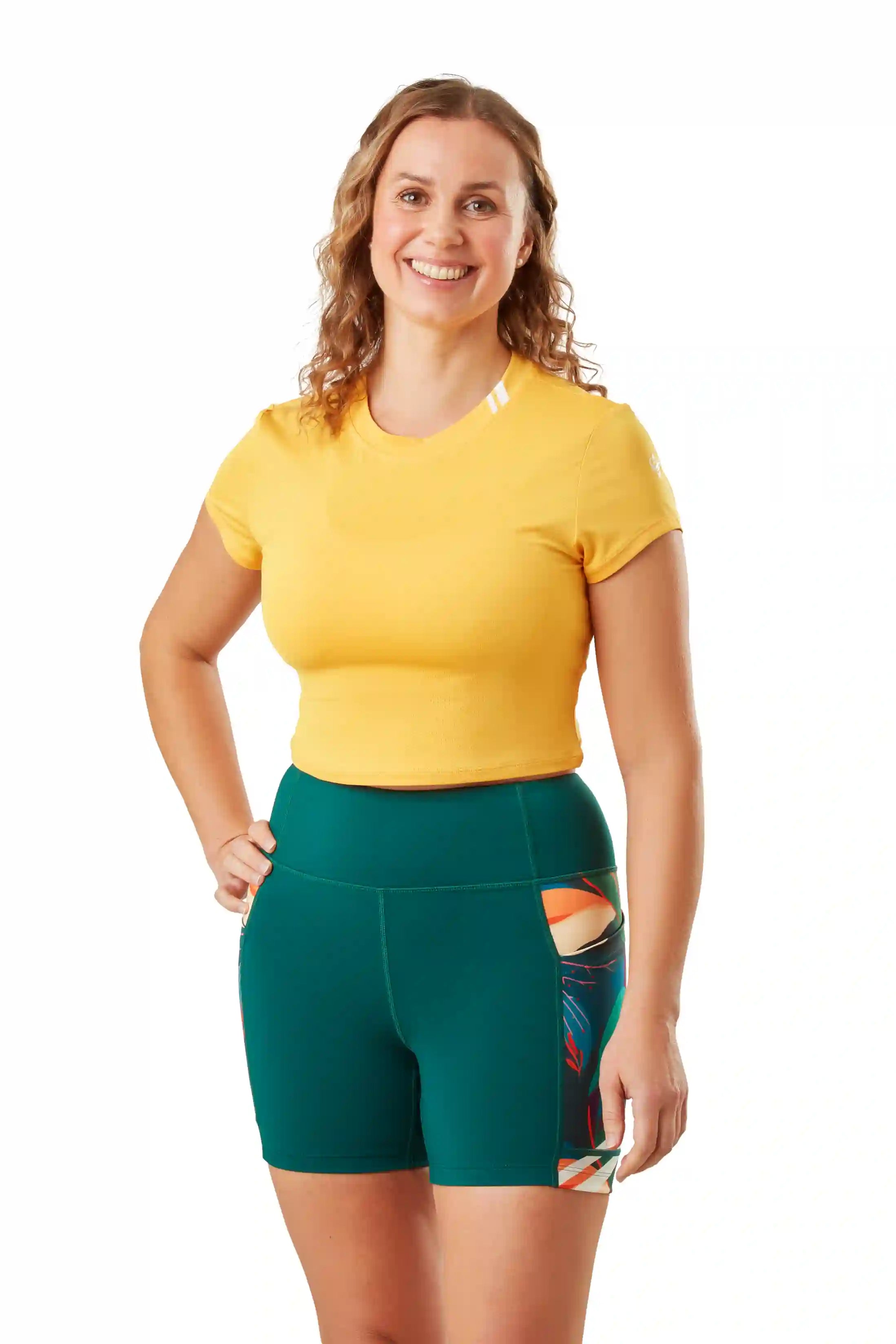 Tropical print women's high waisted recycled performance shorts for rowing, running, yoga, gym and training