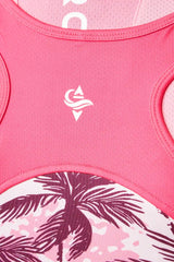 Pink palms print women's coastal rowing all-in-one with recycled fabric and mesh panels
