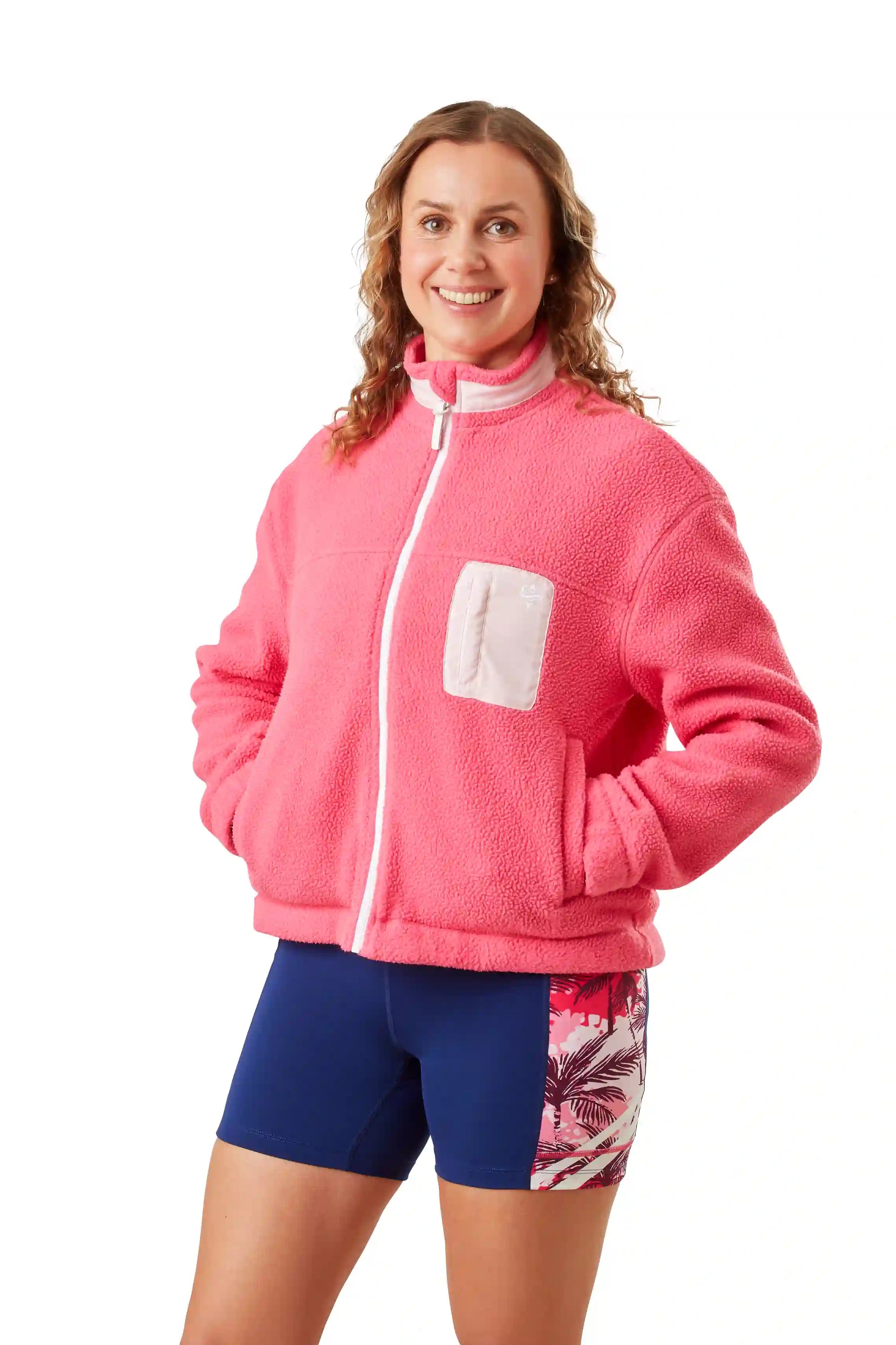 Pink recycled sherpa fleece jacket with contrast panels for women's rowing, active and leisure wear