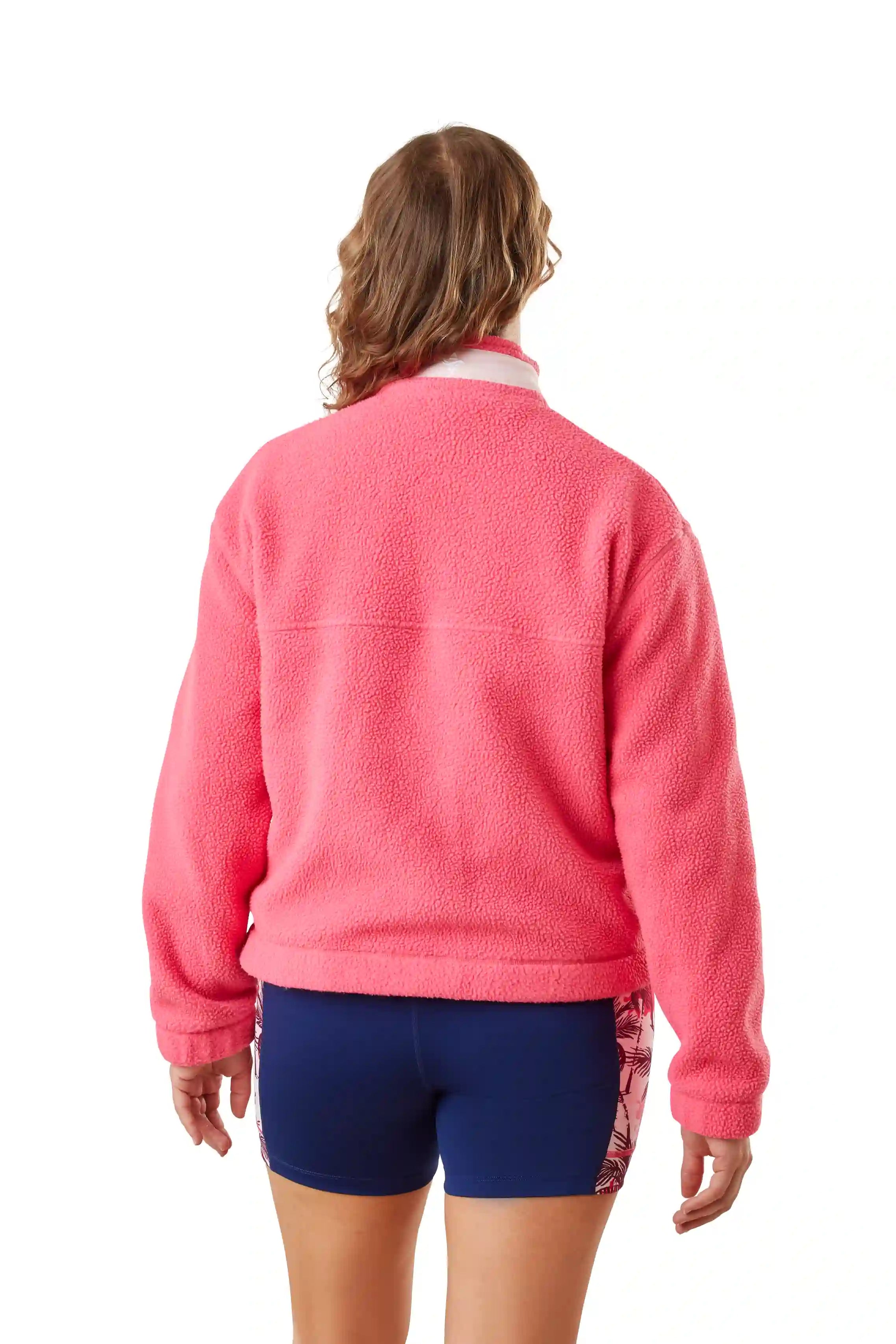 Pink recycled sherpa fleece jacket with contrast panels for women's rowing, active and leisure wear