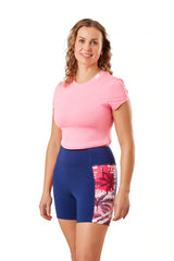 Pink palms print women's high waisted recycled performance shorts for rowing, running, gym, yoga and training