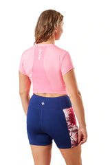 Pink palms print women's high waisted recycled performance shorts for rowing, running, gym, yoga and training