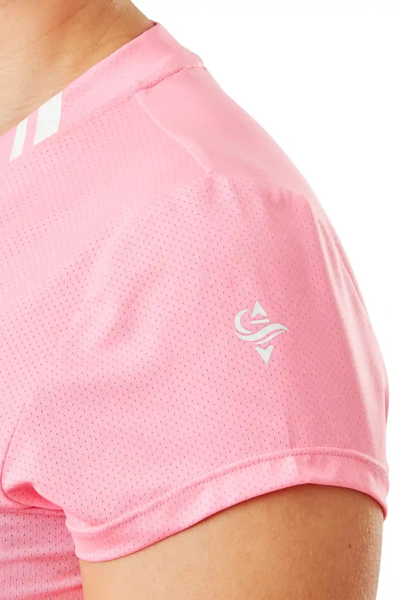 Pink short sleeve Aerocool performance crop top for women's rowing and training