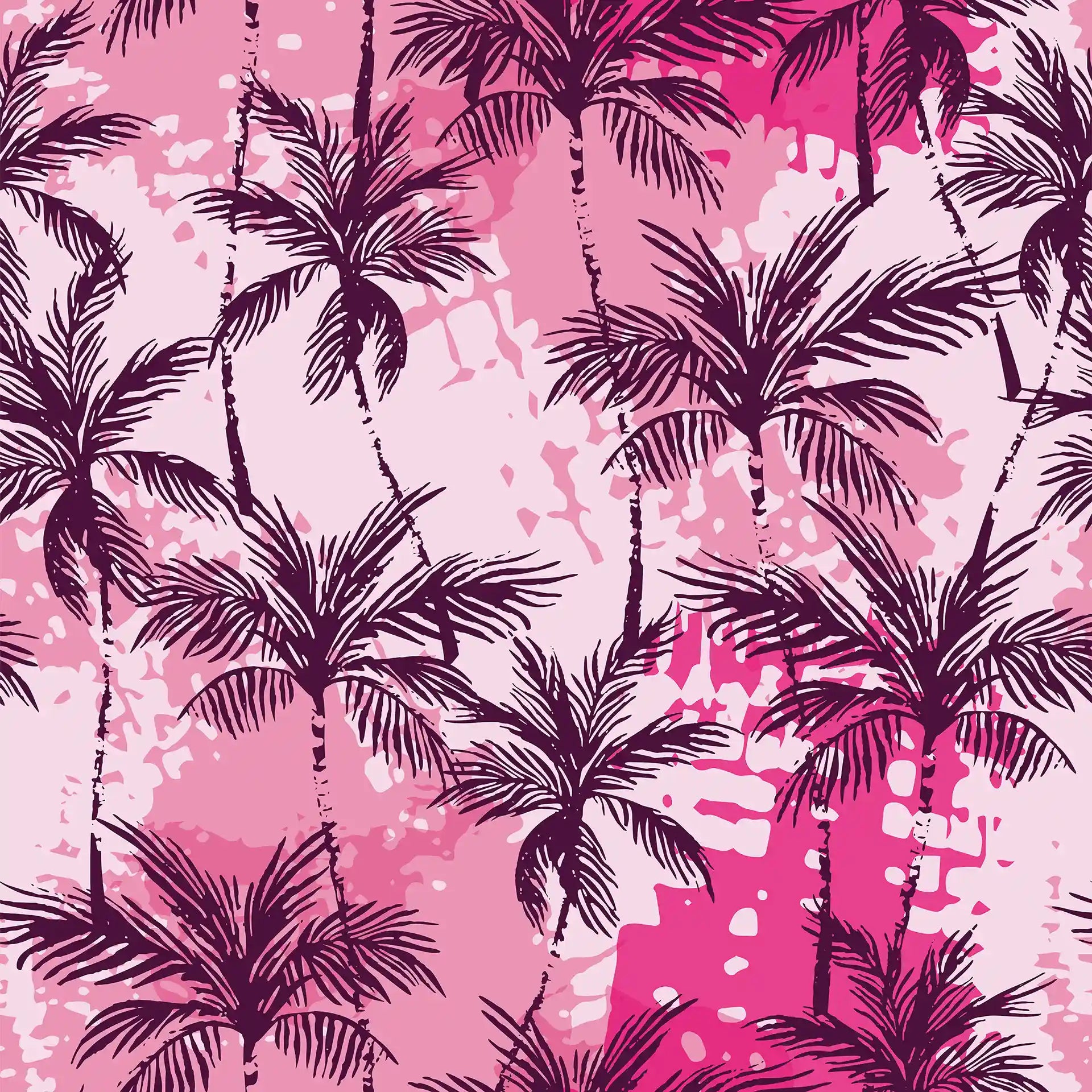 Pattern of black palm trees on a pink and white abstract background
