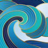 Decorative pattern of blue, green, and white waves with gold accents on a blue background.