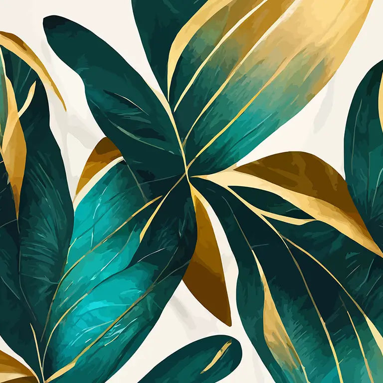 Pattern of green and gold leaves on a white background