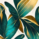 Pattern of green and gold leaves on a white background