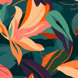 Colorful leaf pattern with orange, pink, and green leaves on a dark background